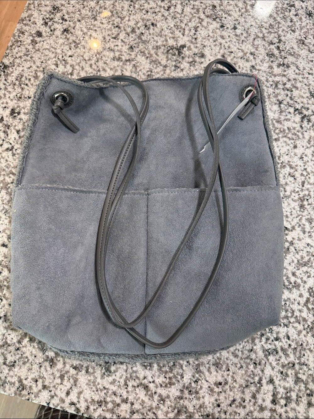 Suede Drawstring Shoulder Bag in Slate Gray